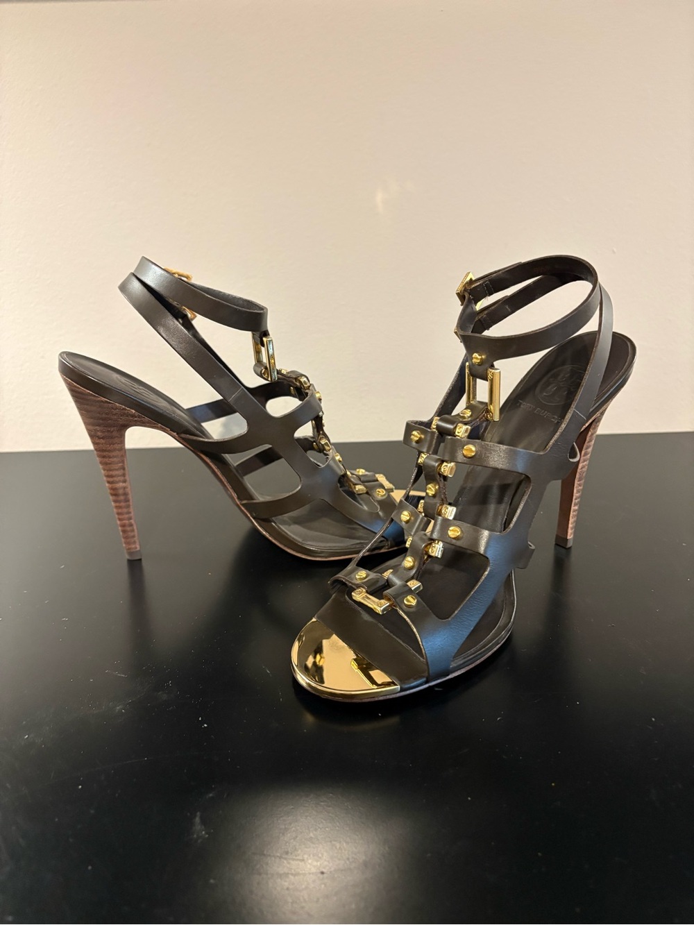 Tory Burch Black Leather Strappy Heels with Gold Hardware